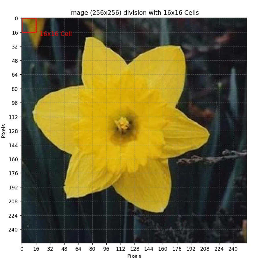 The target image divided into 16 by 16 pixel cells.